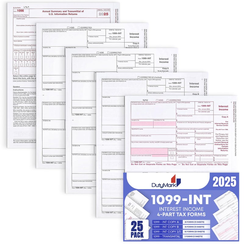 Dutymark 1099 INT Tax Forms 2025 Interest Income Set, 4 Part 25 Pack, Great for QuickBooks and Accounting Software 25 Laser Form Sets for Interest Income, 1099-INT 2025 - Image 1